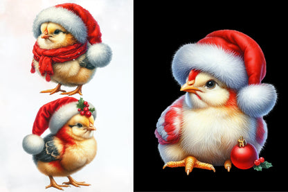 15 Christmas Chicken PNG Clipart Bundle Watercolor Santa Hat Holiday Chick