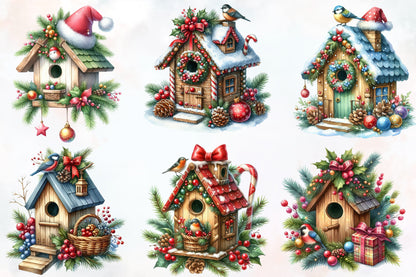 Christmas Bird House Clipart PNG Bundle | Winter Birdhouse, Christmas Birds, Snowy Bird House & Festive Holiday Cottage Designs