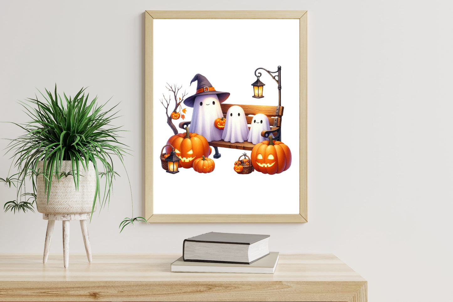 23 Halloween Ghost on Bench PNG Bundle Watercolor Spooky Autumn Clipart