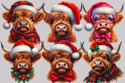 Watercolor Christmas Highland Cow Clipart PNG Bundle | Festive Highland Cattle Holiday Designs