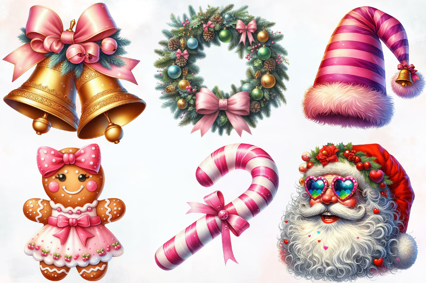 Watercolor Christmas Elements Clipart PNG Bundle | Cute Pink Christmas Holiday Designs