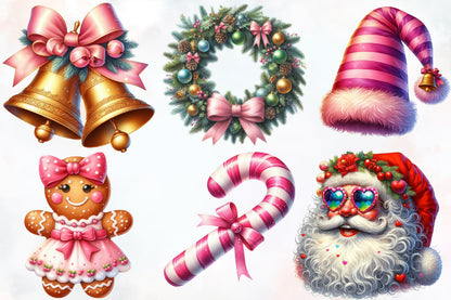Watercolor Christmas Elements Clipart PNG Bundle | Cute Pink Christmas Holiday Designs