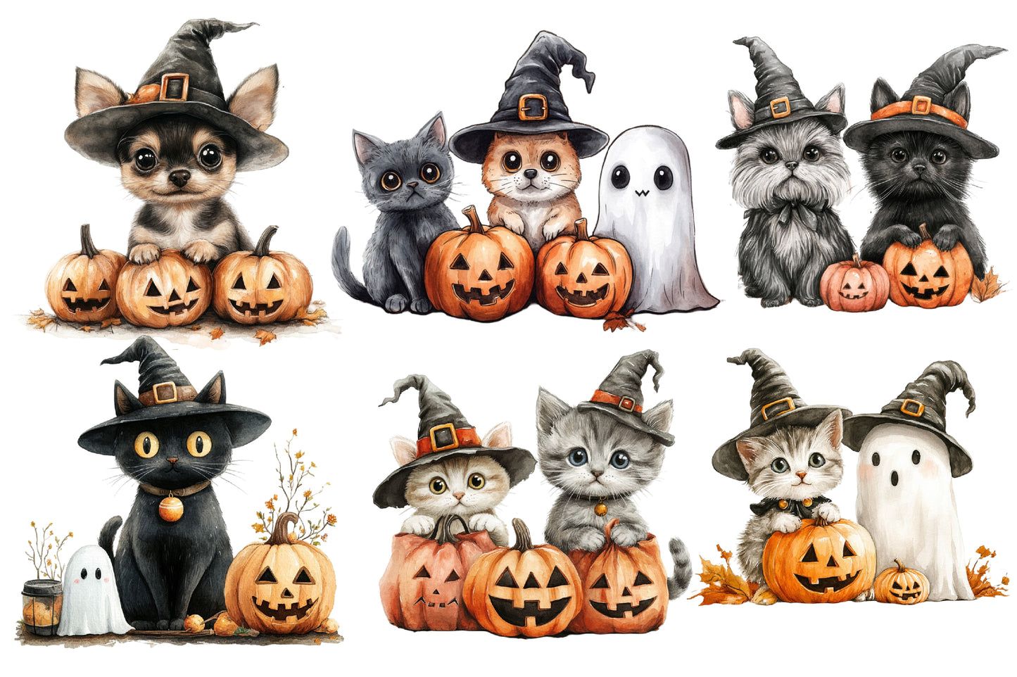 Halloween Dog and Cat Clipart PNG | Cute Witch Hat Pets, Black Cat & Puppy Pumpkin Clipart,