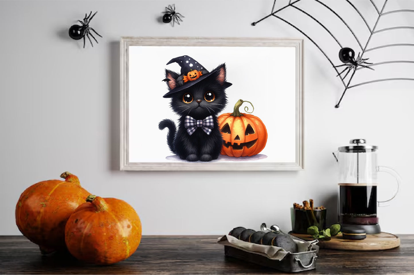 26 Watercolor Halloween Black Cat PNG Clipart Bundle Cute Witch Pumpkin