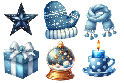 Blue Christmas Clipart PNG Bundle | Watercolor Winter Holiday Clipart | Elegant Icy Blue Christmas PNG