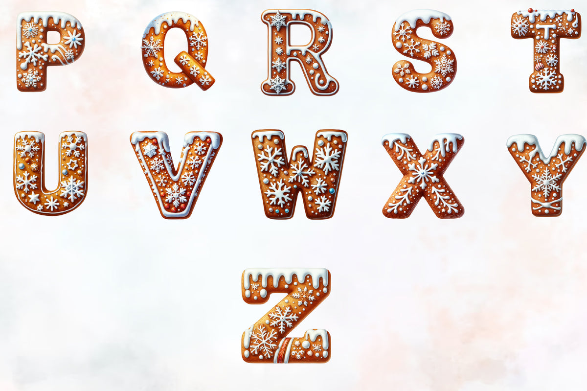 36 Christmas Snowflake Gingerbread Alphabet PNG Clipart Bundle