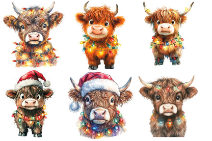 Christmas Highland Cow Clipart PNG Bundle | Watercolor Festive Highland Cow Clipart | Farmhouse Christmas Sublimation PNG