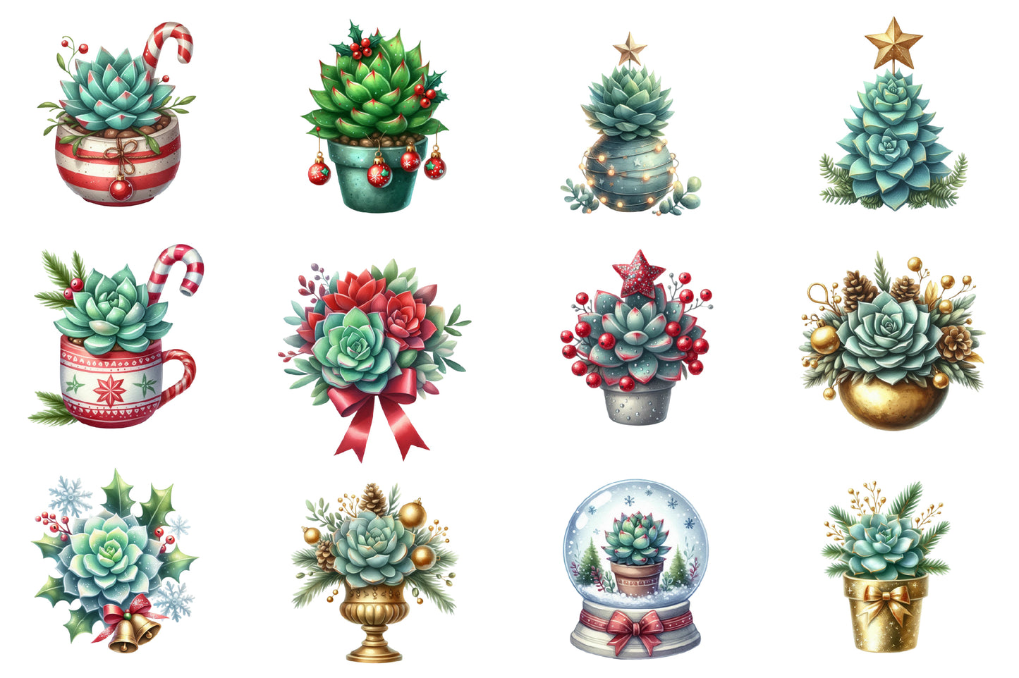 Christmas Succulent Clipart PNG Bundle | Watercolor Festive Succulent Clipart | Holiday Botanical Christmas PNG