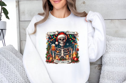 Funny Christmas Skeleton PNG Everything's Fine Santa Skull Sublimation
