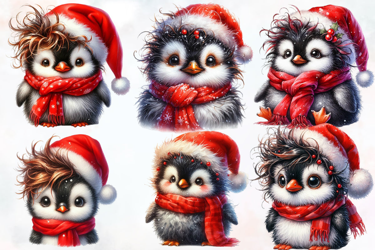 Cute Christmas Penguin PNG Bundle Watercolor Santa Penguin Clipart