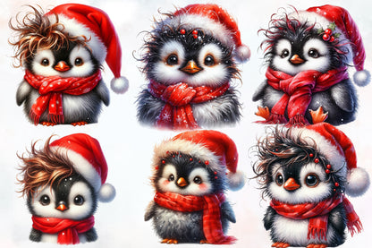 Cute Christmas Penguin PNG Bundle Watercolor Santa Penguin Clipart
