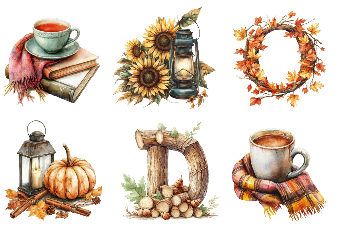 Watercolor Autumn Clipart PNG Bundle | Fall Pumpkin, Sunflower, Leaves, Apple, Cozy Mug & Harvest Clipart