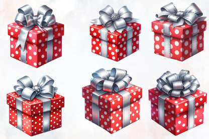 21 Christmas Gift Box PNG Clipart Bundle Watercolor Red Silver Present
