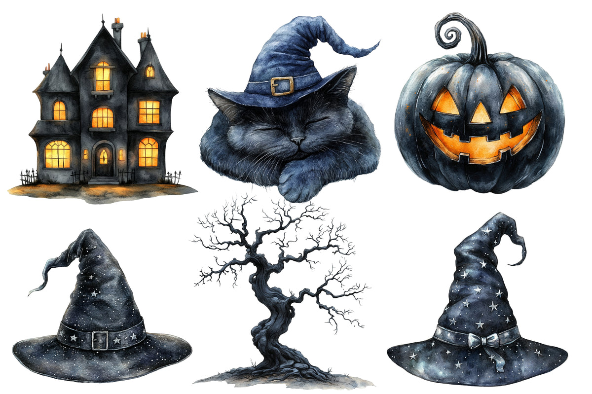 Halloween Clipart PNG Bundle | Witch Cat, Raven, Ghost, Bat, Haunted House & Pumpkin PNG