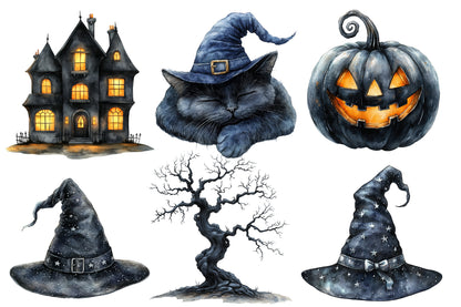 Halloween Clipart PNG Bundle | Witch Cat, Raven, Ghost, Bat, Haunted House & Pumpkin PNG