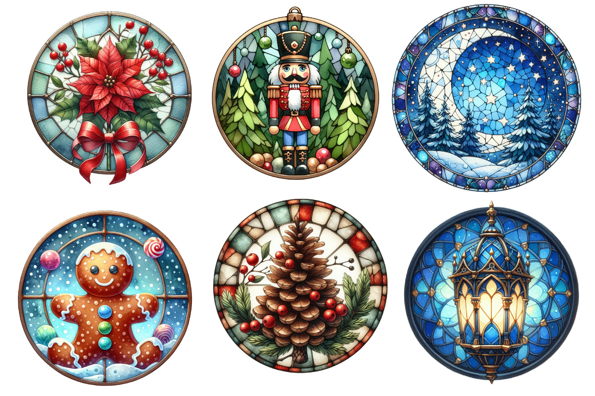 Christmas Round Stained Glass Clipart PNG Bundle | Watercolor Stained Glass Christmas Clipart | Round Holiday Sublimation PNG