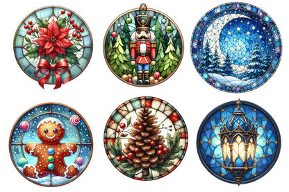 Christmas Round Stained Glass Clipart PNG Bundle | Watercolor Stained Glass Christmas Clipart | Round Holiday Sublimation PNG