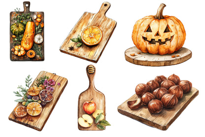 Watercolor Autumn Cutting Board Clipart PNG Bundle | Fall Kitchen, Pumpkin, Apple, Sunflower & Farmhouse Cooking PNG
