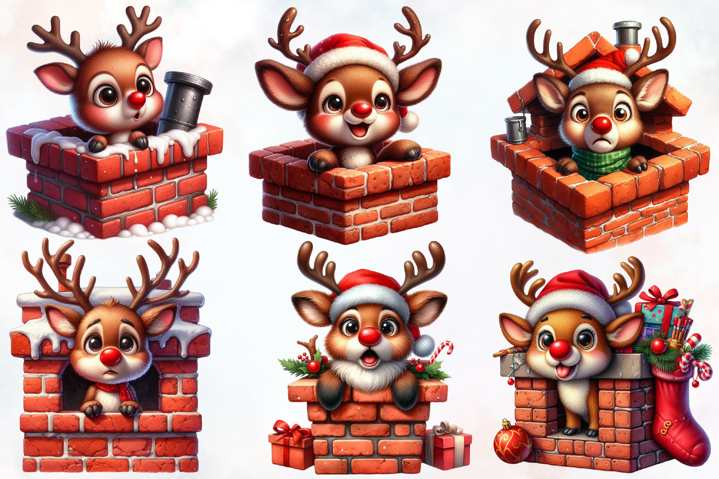 Watercolor Christmas Reindeer Clipart PNG Bundle | Cute Reindeer & Santa Holiday Designs