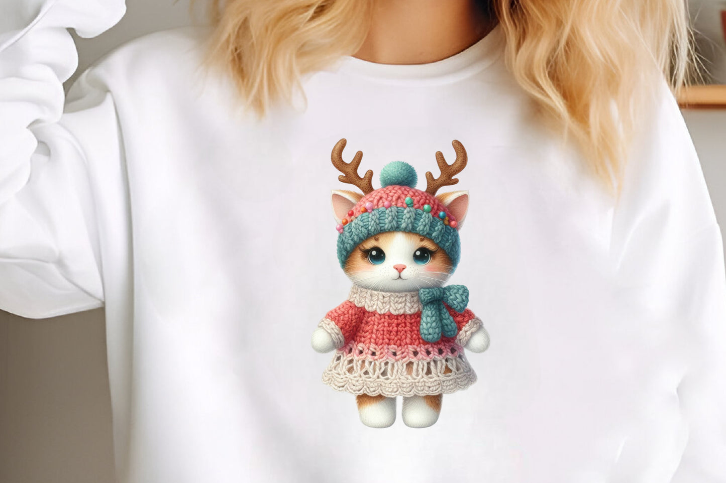 Christmas Cat Sublimation PNG Clipart Bundle | Watercolor Crochet Christmas Cats with Reindeer Antlers, Knitted Dresses & Holiday Hats