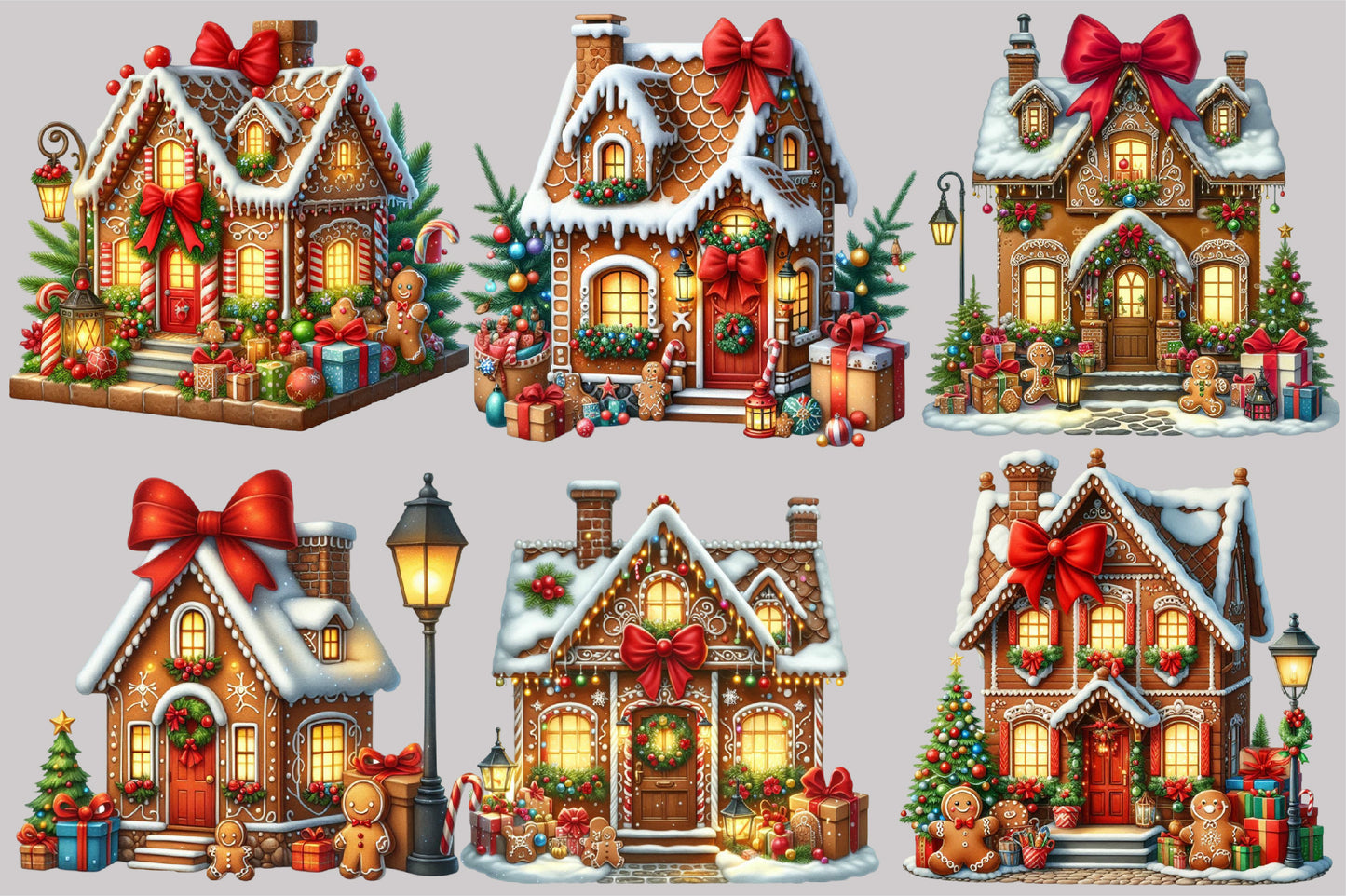 Watercolor Christmas Gingerbread House Clipart PNG Bundle | Gingerbread Village & Holiday Houses