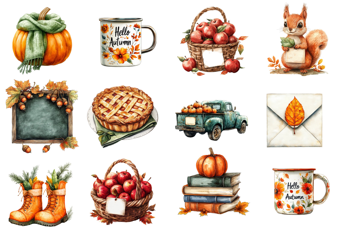 Hello Autumn Clipart PNG Bundle | Fall Watercolor Clipart, Autumn Leaves & Pumpkin PNG
