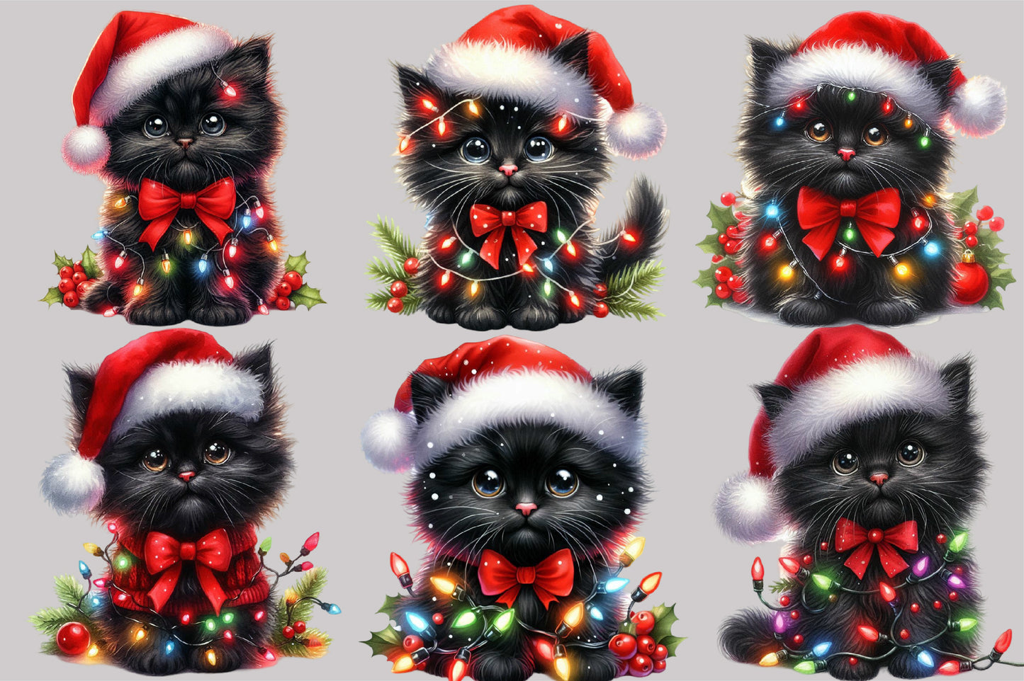 Christmas Black Cat Clipart PNG Bundle | Cute Watercolor Black Cat, Santa Hat, Christmas Lights & Festive Kitty Designs