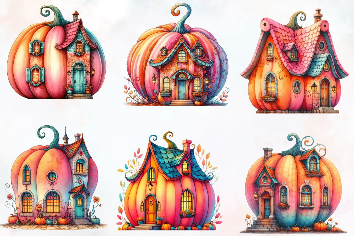 Watercolor Halloween Pumpkin House PNG Bundle 29 Magical Pumpkin House Clipart