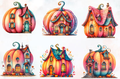 Watercolor Halloween Pumpkin House PNG Bundle 29 Magical Pumpkin House Clipart