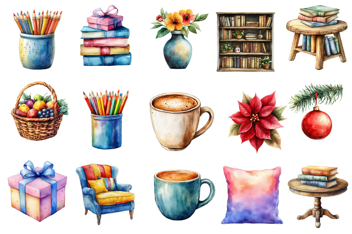 Christmas Planner Clipart PNG Bundle | Watercolor Cute Christmas Planner Stickers | Holiday Planner Sublimation PNG
