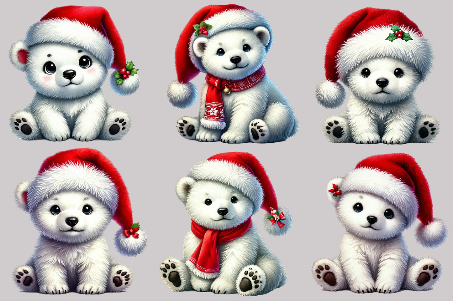 Watercolor Christmas Polar Bear Clipart PNG Bundle | Cute Santa Polar Bear