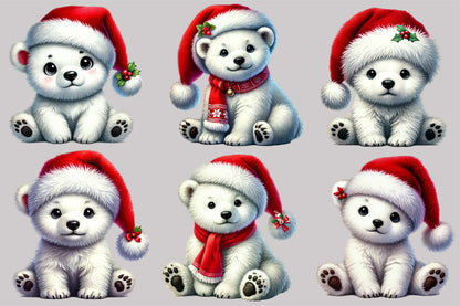 Watercolor Christmas Polar Bear Clipart PNG Bundle | Cute Santa Polar Bear