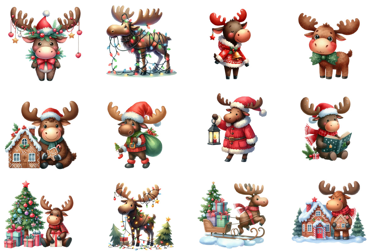 Christmas Moose Clipart PNG Bundle | Cute Moose, Reindeer, Santa Moose, Christmas Lights, Gifts & Winter Holiday Animals