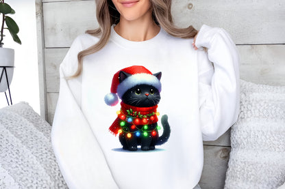 Christmas Black Cat with Lights PNG Clipart Bundle | Watercolor Black Cats with Christmas Lights, Santa Hats, Scarves & Holiday Decor