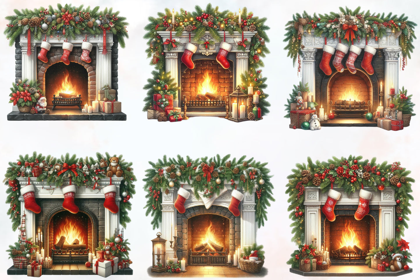 Watercolor Christmas Cozy Fireplace Clipart PNG Bundle | Festive Fireplace Mantel & Christmas Stockings | Holiday Sublimation