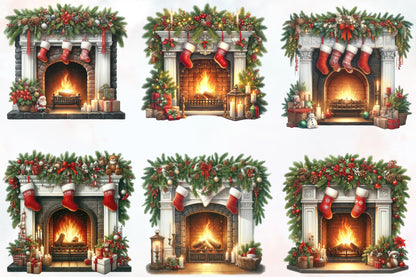 Watercolor Christmas Cozy Fireplace Clipart PNG Bundle | Festive Fireplace Mantel & Christmas Stockings | Holiday Sublimation