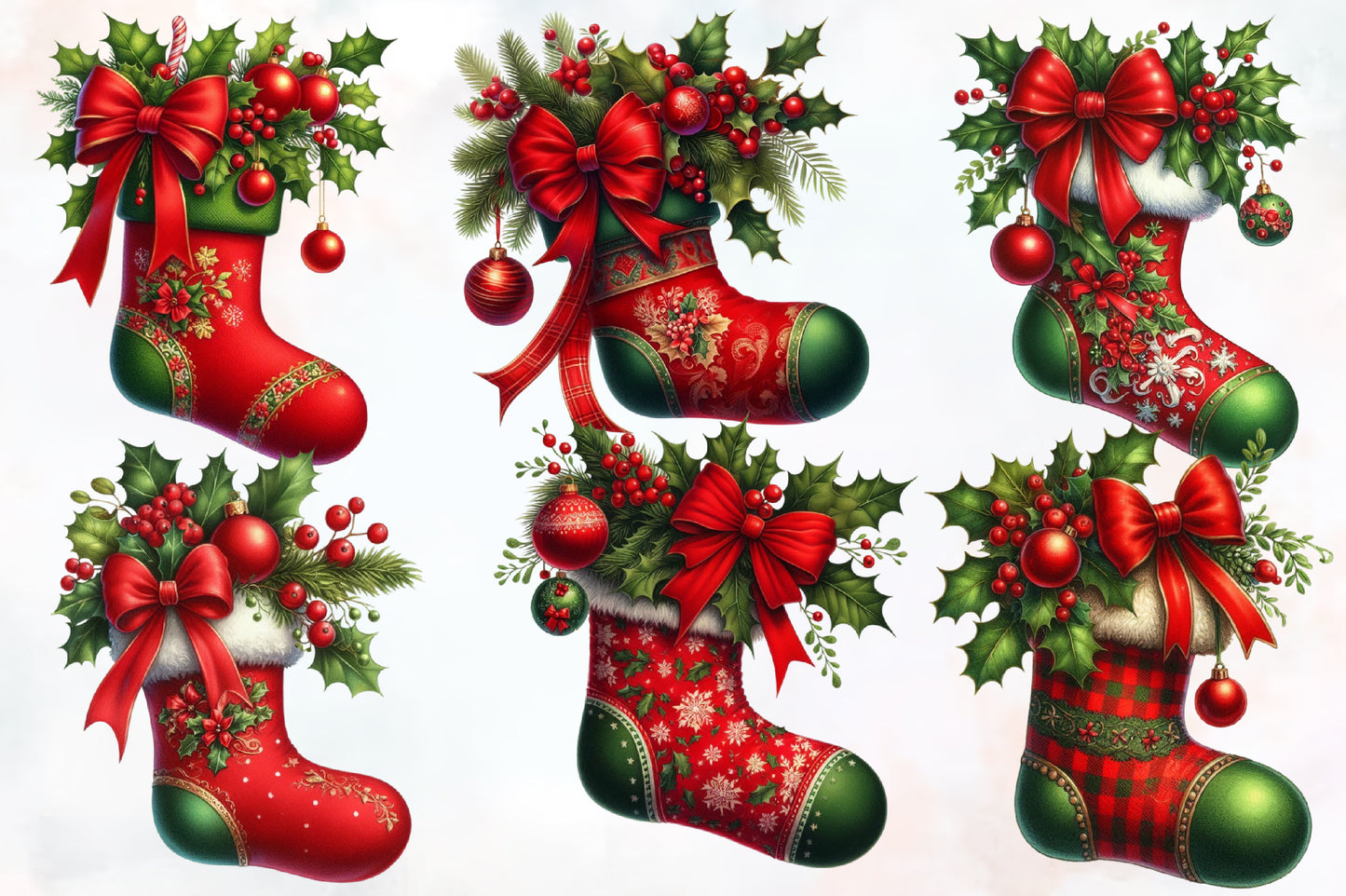 Watercolor Christmas Stocking Clipart PNG Bundle | Cute Holiday Stocking & Christmas Decor Designs