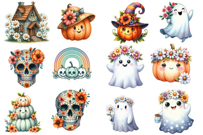 Groovy Halloween Clipart PNG Bundle | Cute Retro Halloween Clipart, Floral Ghost & Pumpkin PNG