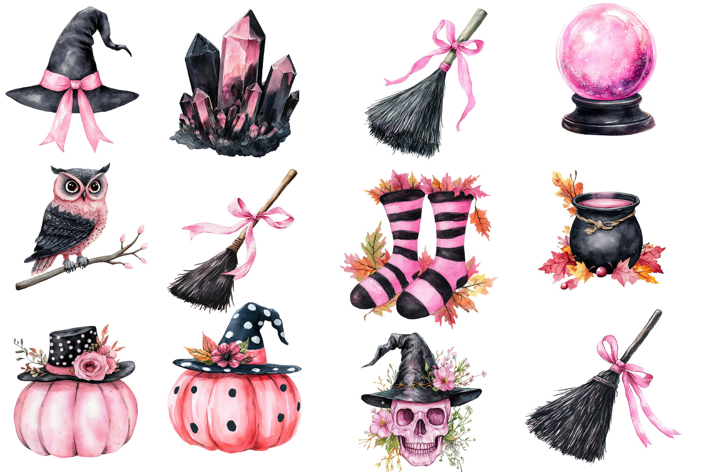 Cute Witchy Autumn PNG Bundle | Pink Halloween Witch Clipart, Cute Witch PNG