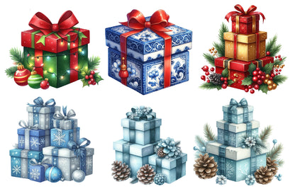 Christmas Gifts Clipart PNG Bundle | Watercolor Festive Christmas Present Clipart | Holiday Gift Sublimation PNG
