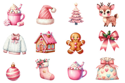 Pink Christmas Watercolor Clipart PNG Bundle | Cute Pink Christmas Clipart | Pastel Christmas Sublimation PNG