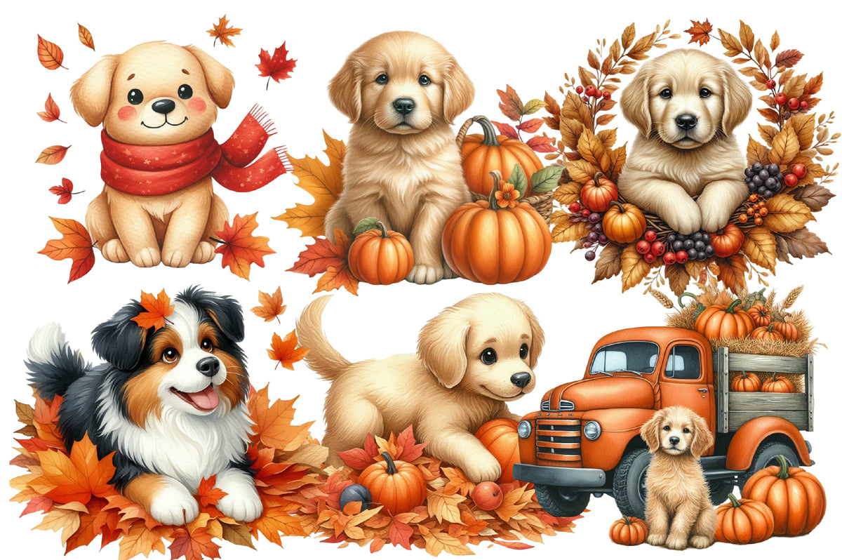 Fall Dog Watercolor Clipart PNG Bundle | Cute Autumn Puppy Clipart | Thanksgiving Sublimation