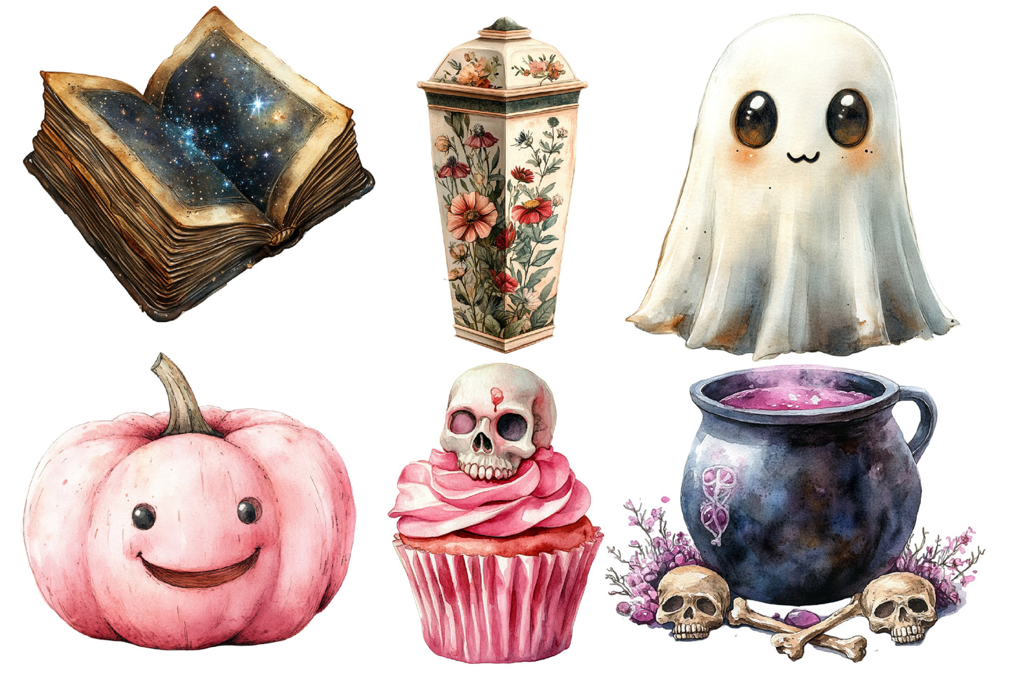 Whimsical Halloween Clipart Sublimation PNG Bundle | Cute Witch, Ghost, Pumpkin, Bat & Cat | Spooky Watercolor PNG