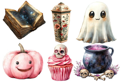 Whimsical Halloween Clipart Sublimation PNG Bundle | Cute Witch, Ghost, Pumpkin, Bat & Cat | Spooky Watercolor PNG