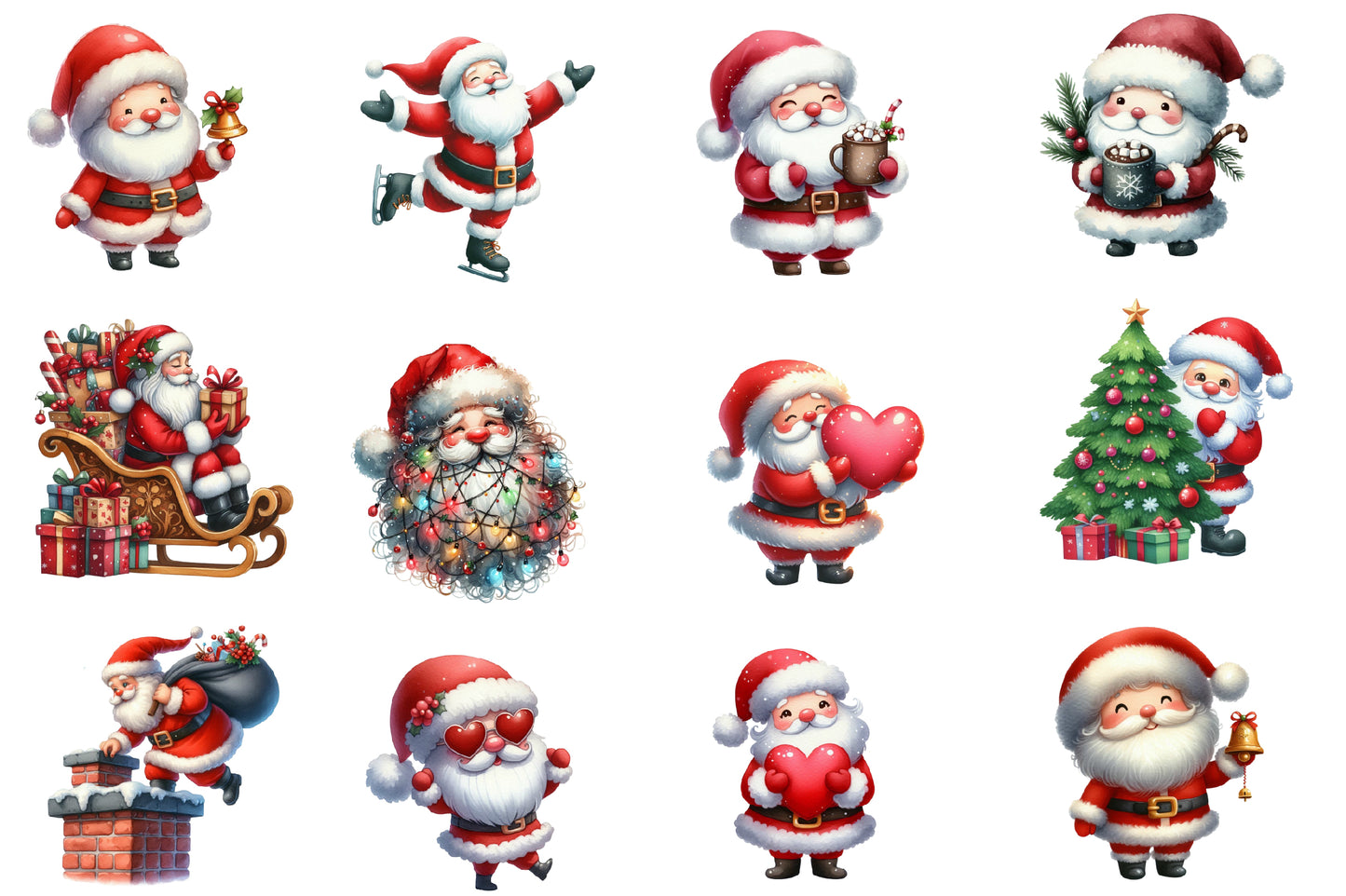 Santa Claus Watercolor Clipart PNG Bundle | Christmas Santa PNG | Cute Santa Sublimation