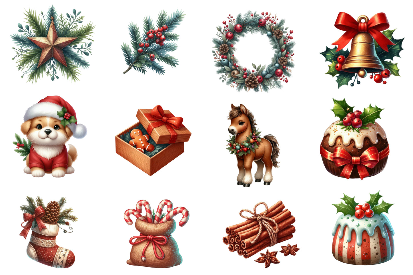 Christmas Farm Clipart PNG Bundle | Watercolor Rustic Christmas Farm Clipart | Holiday Farmhouse Sublimation PNG