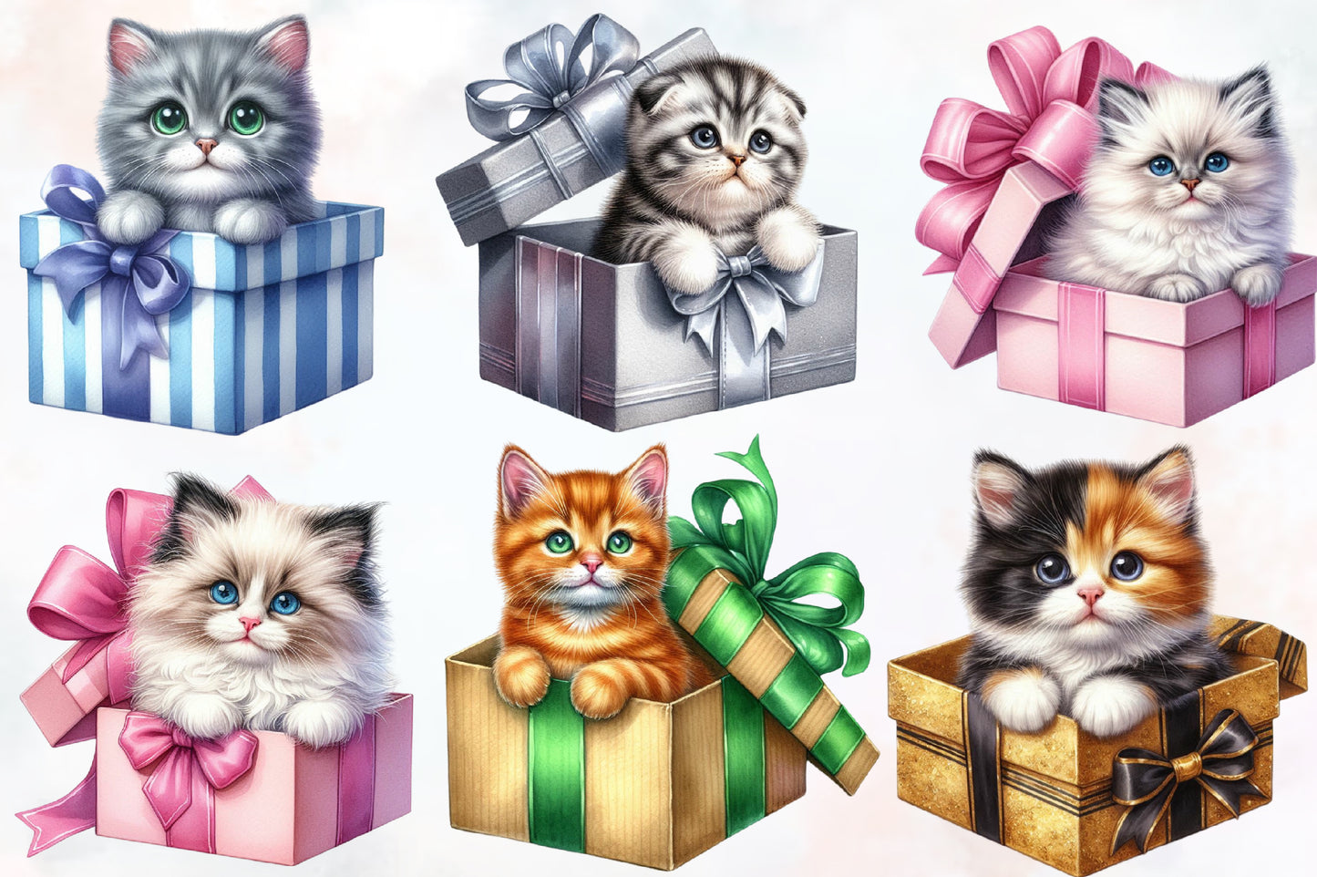 Watercolor Christmas Cat Gift Box PNG Bundle | Cute Christmas Kitten Clipart | Holiday Cat Sublimation