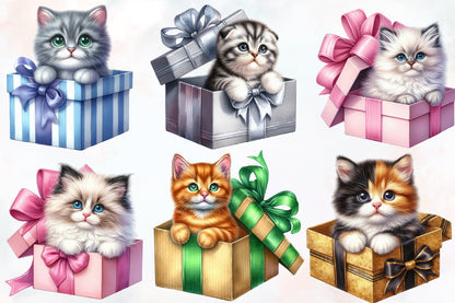 Watercolor Christmas Cat Gift Box PNG Bundle | Cute Christmas Kitten Clipart | Holiday Cat Sublimation