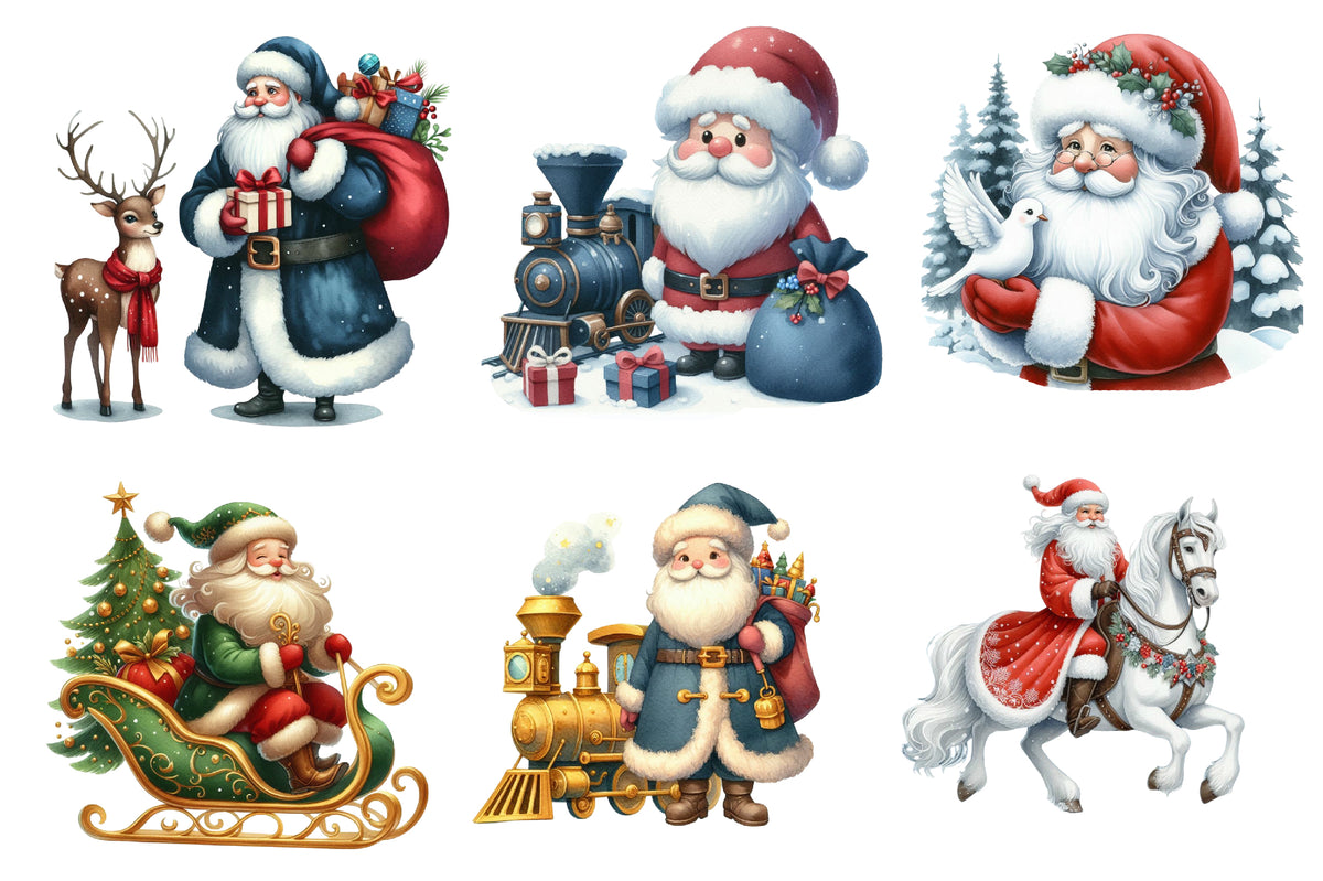 Christmas Santa Claus Clipart PNG Bundle | Watercolor Santa, Reindeer, Sleigh, Gifts, Christmas Train & Holiday Clipart