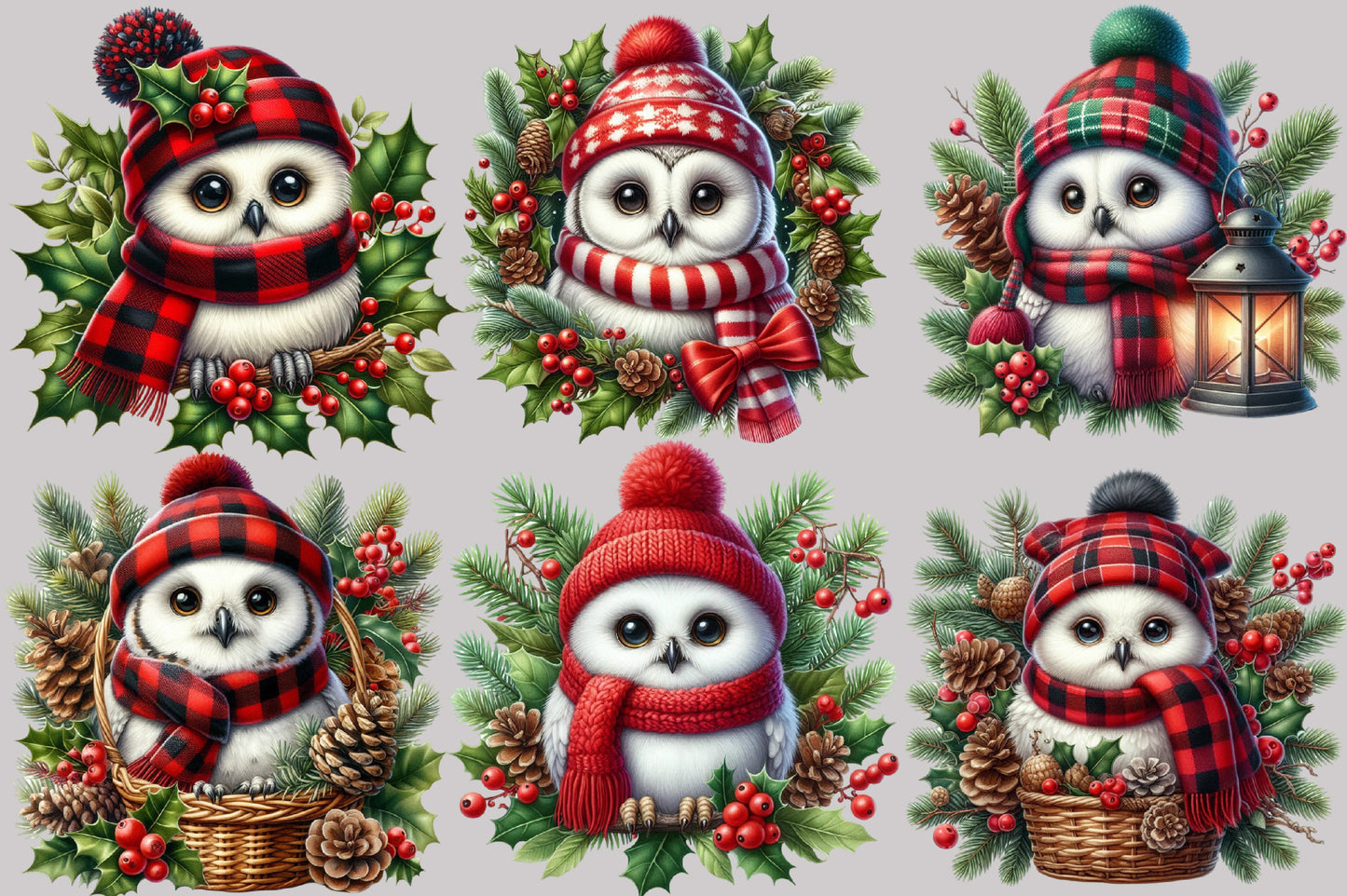 Watercolor Christmas Owl Clipart PNG Bundle | Cute Snowy Owls & Winter Holiday Birds